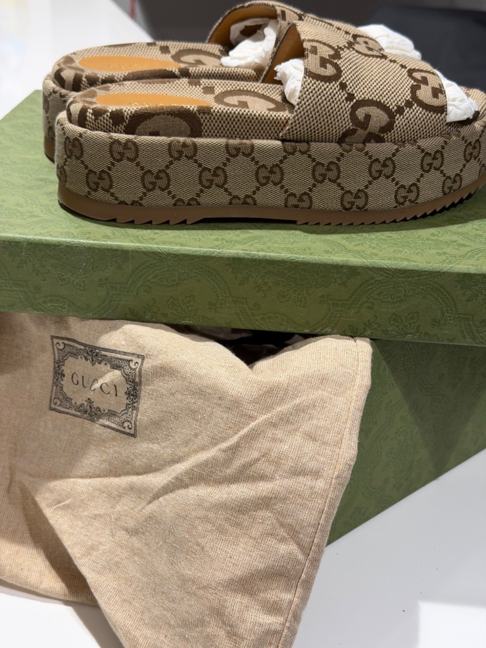 Gucci Beige and Brown GG Canvas Platform Slides - Picture 4 of 4